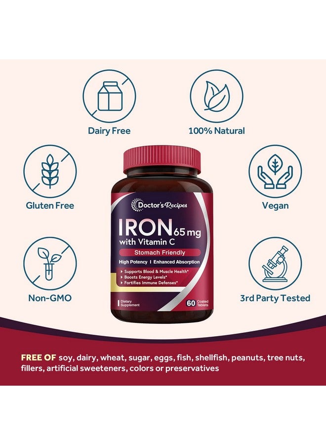 مكمل غذائي من الحديد بتركيز 65 ملغ مع فيتامين سي من دكتورز ريسيبشنز - امتصاص فائق، مناسب للمعدة وفعال للغاية، حبوب حديد لتكوين خلايا الدم الحمراء وتعزيز صحة المناعة - نباتي، غير معدل وراثيًا، 60 قرص حديد - Image 4