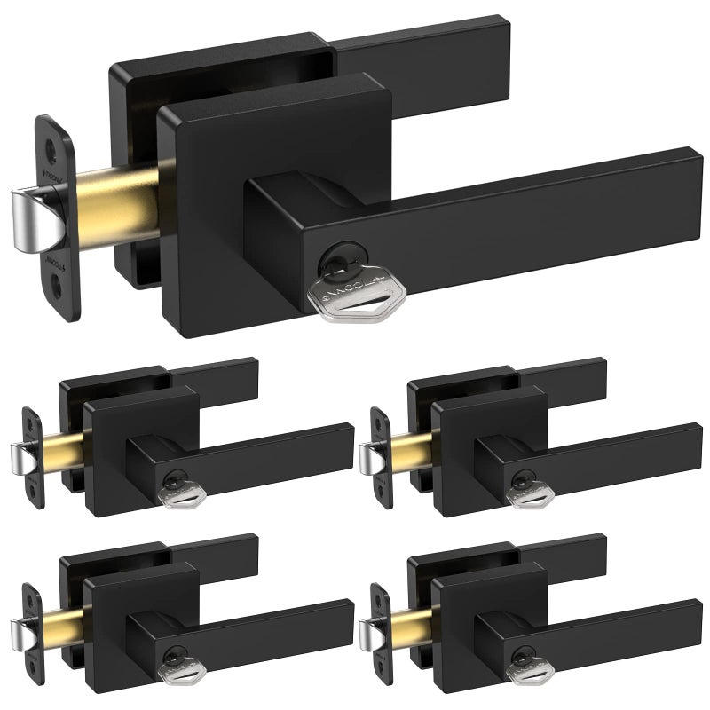 TICONN Matte Black Door Handle Heavy Duty, Reversible Square Door Lever for Bedroom, Bathroom, Rooms (Keyed Entry - Keyed Alike, 5 Pack) - Image 1