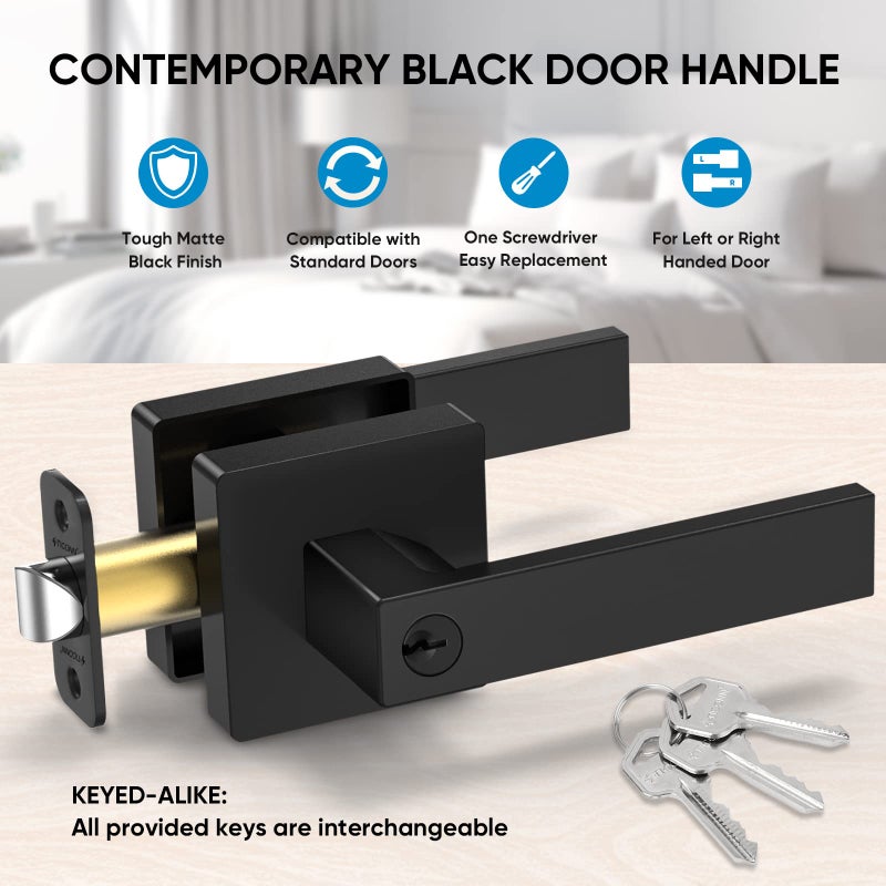TICONN Matte Black Door Handle Heavy Duty, Reversible Square Door Lever for Bedroom, Bathroom, Rooms (Keyed Entry - Keyed Alike, 5 Pack) - Image 3