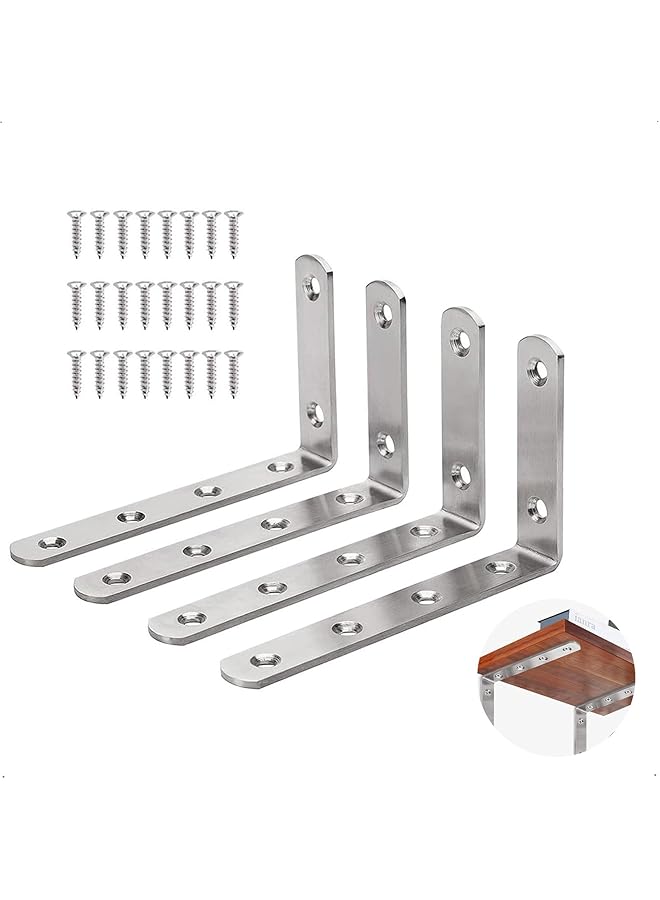 PROMASS promass Corner Brace, 4 Pcs Heavy Duty L Bracket for Shelves Brackets, Stainless Steel Brushed Shelf Bracket for Acrylic Wood Board Support, 90 Degree Stainless Steel Right Angle Bracket with Screws  - Image 1