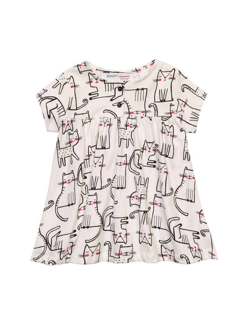 مينوتي فستان للبنات الصغار بطبعة قطط وأزرار أمامية وأكمام قصيرة - Image 1