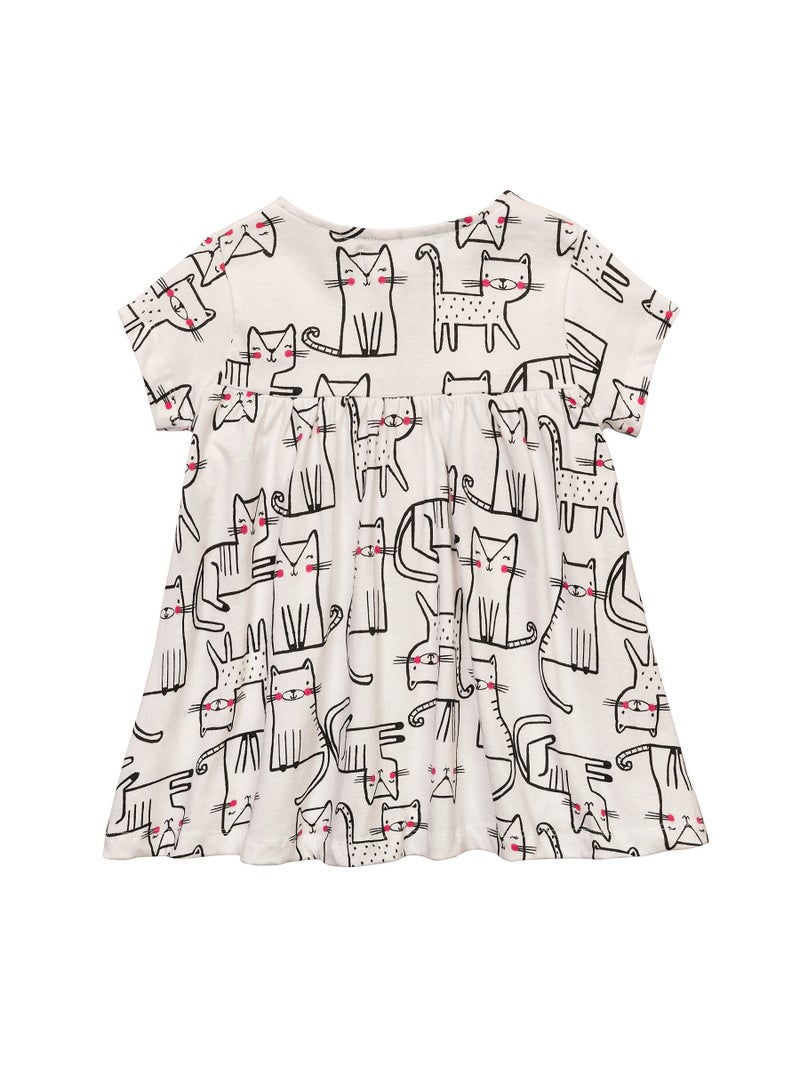 مينوتي فستان للبنات الصغار بطبعة قطط وأزرار أمامية وأكمام قصيرة - Image 2