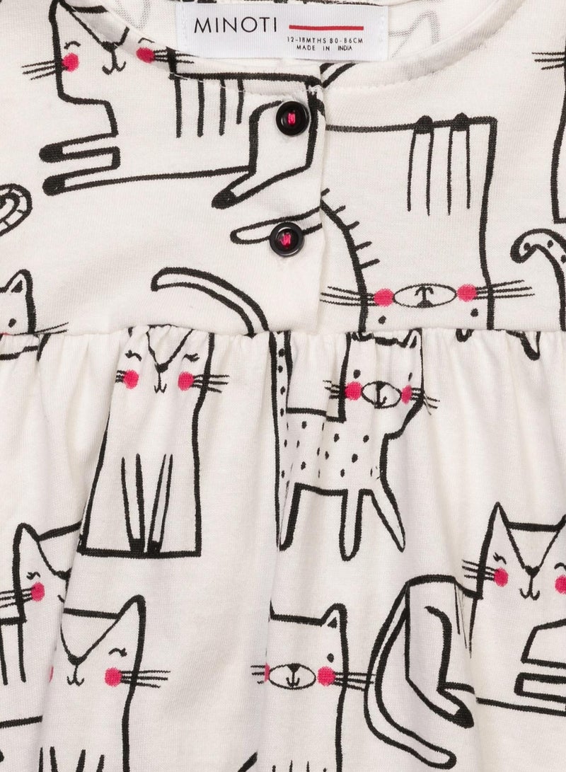 مينوتي فستان للبنات الصغار بطبعة قطط وأزرار أمامية وأكمام قصيرة - Image 3