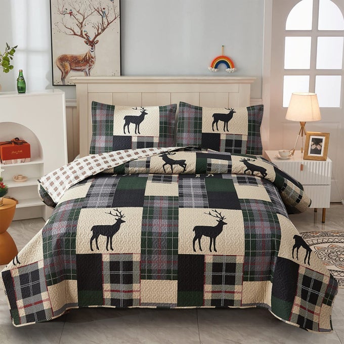 LODGE BEDSPREAD KING SIZE RUSTIC CABIN QUILT SET DEER PRINTED BEDSPREADS COVERLET REVERSIBLE LIGHTWEIGHT QUILT SET DARK GREEN BEIGE PLAID PATCHWORK COUNTRY DECOR BEDCOVER96X 108
