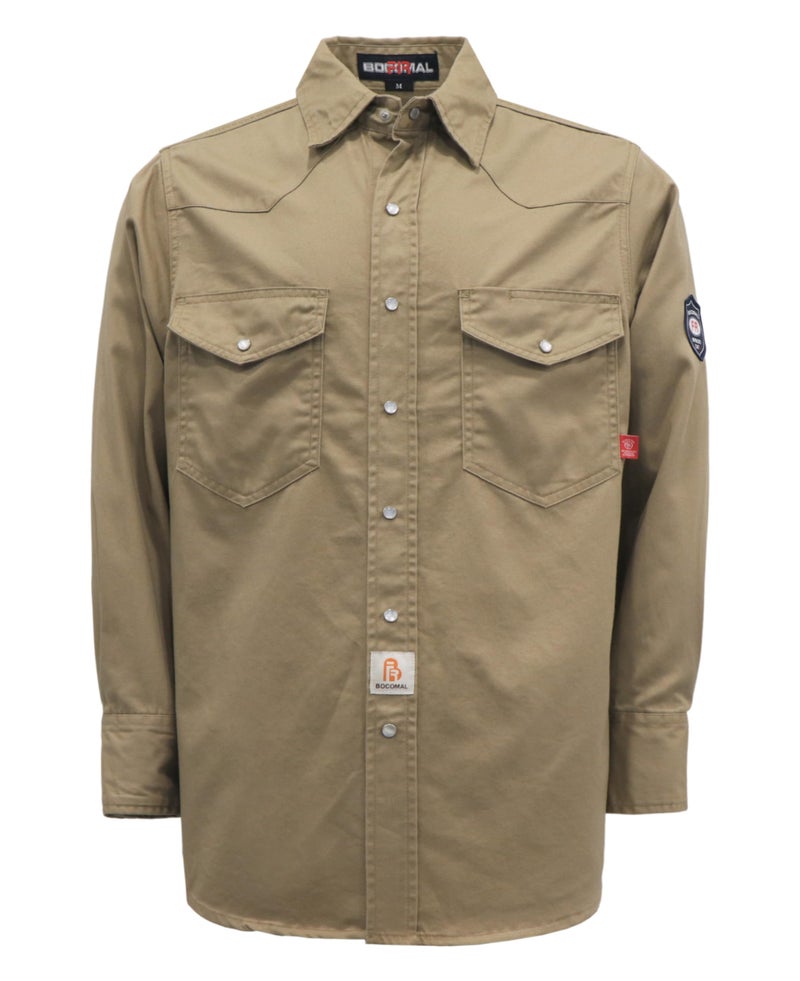 BOCOMAL FR Flame Resistant Shirts Fire Retardant Welding Shirts Snaps Fastener NFPA2112 7.5oz Khaki Men's Welder Shirt