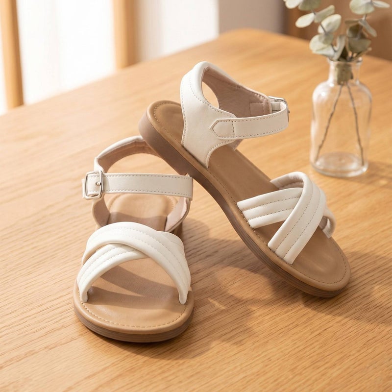 Girls Casual Sandals White PU Floral - Image 1