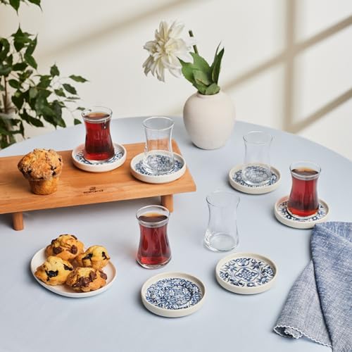 KARACA Mavili Turkish Tea Cups Set 12 Piece Turkish Tea Glasses and Stoneware Saucers Authentic Glass Drinking Sets for 6 People Ideal Adult Teacup Set 170 ml - Image 1