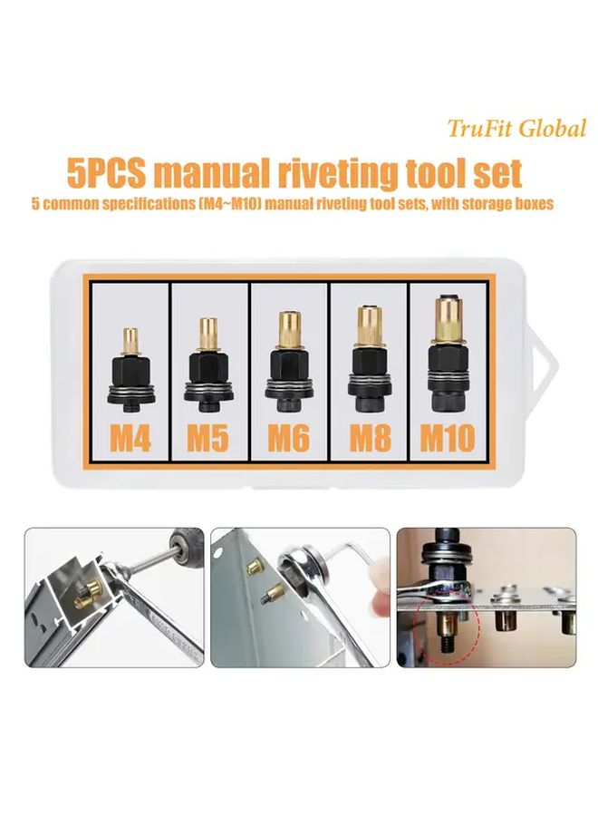 5 Piece Unboxed Manual Rivet Tool Set With 5 M4 To M10 Rivet Nuts For DIY Auto Industrial - Image 2