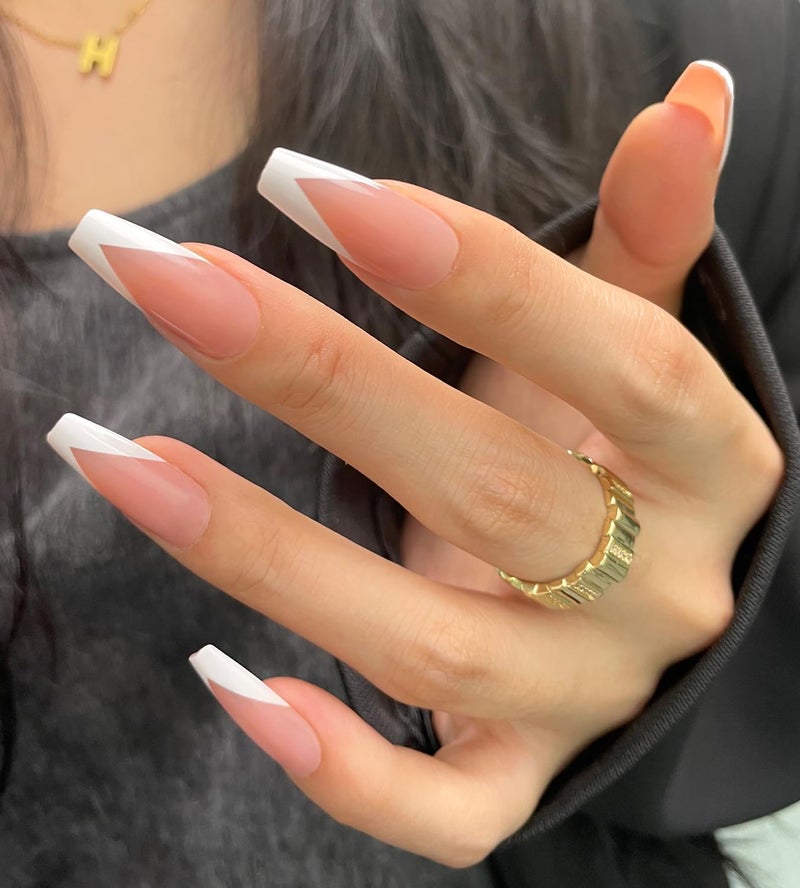 Artquee V French Tip Press on Nails Long Pink White Coffin Fake Nails Tips Glossy Full Cover Acrylic Nail Artificial Nail Art Reusable Stick on Nails Kit for Women - 30 Pcs in 15 Sizes - Image 1