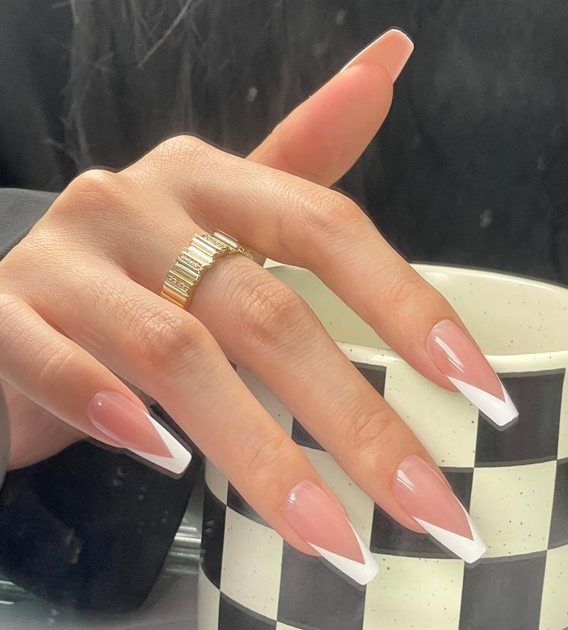 Artquee V French Tip Press on Nails Long Pink White Coffin Fake Nails Tips Glossy Full Cover Acrylic Nail Artificial Nail Art Reusable Stick on Nails Kit for Women - 30 Pcs in 15 Sizes - Image 3