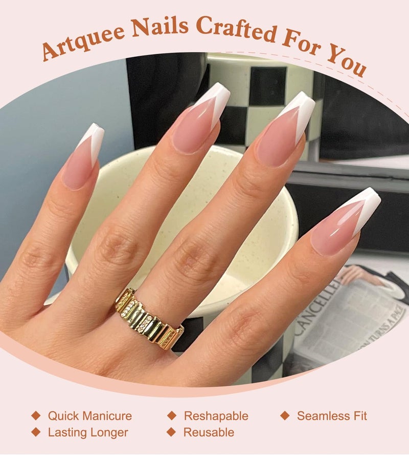Artquee V French Tip Press on Nails Long Pink White Coffin Fake Nails Tips Glossy Full Cover Acrylic Nail Artificial Nail Art Reusable Stick on Nails Kit for Women - 30 Pcs in 15 Sizes - Image 2
