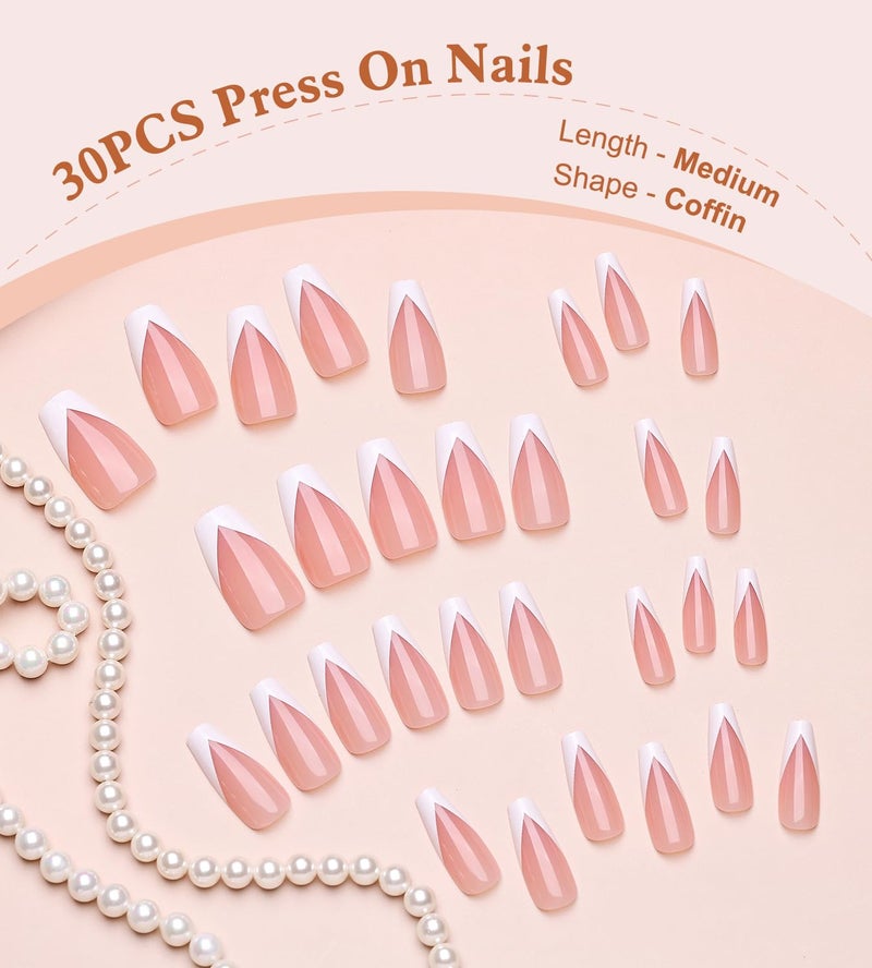 Artquee V French Tip Press on Nails Long Pink White Coffin Fake Nails Tips Glossy Full Cover Acrylic Nail Artificial Nail Art Reusable Stick on Nails Kit for Women - 30 Pcs in 15 Sizes - Image 5