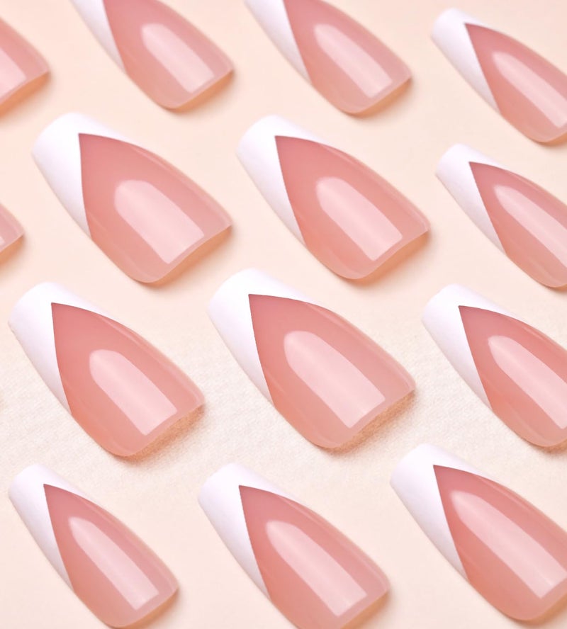 Artquee V French Tip Press on Nails Long Pink White Coffin Fake Nails Tips Glossy Full Cover Acrylic Nail Artificial Nail Art Reusable Stick on Nails Kit for Women - 30 Pcs in 15 Sizes - Image 4