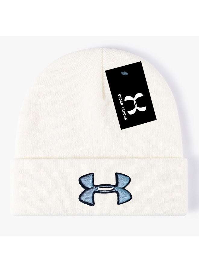 Under Armour Cream White Ribbed Knit Beanie (Light Blue Logo)