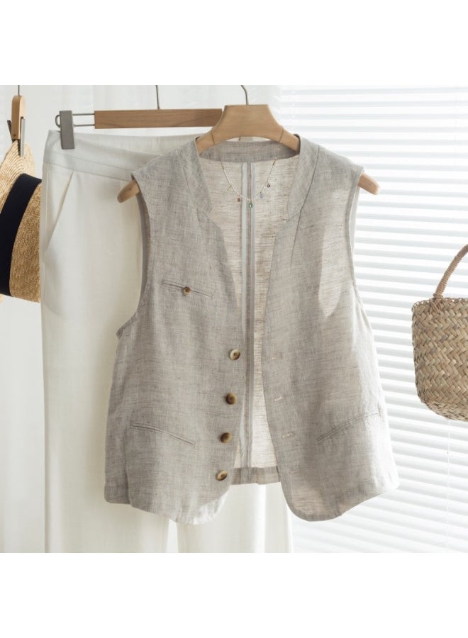 Vintage British Style Linen Suit Vest Women's Summer Thin V-Neck Sleeveless Waistcoat Top 