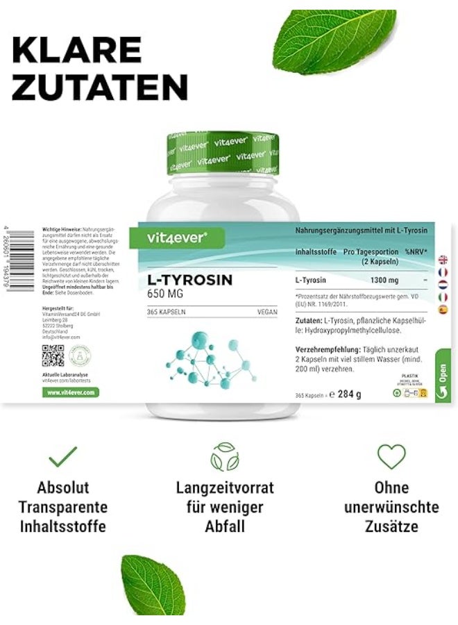 Vit4ever L-Tyrosine 1300 mg Per Daily Serving, Supports Mental Focus and Cognitive Performance, Promotes Stress Response and Neurotransmitter Balance, Pure Amino Acid from Vegetable Fermentation, High Dose, Vegan Formula, 365 Capsules (1 Year Supply) - Image 3