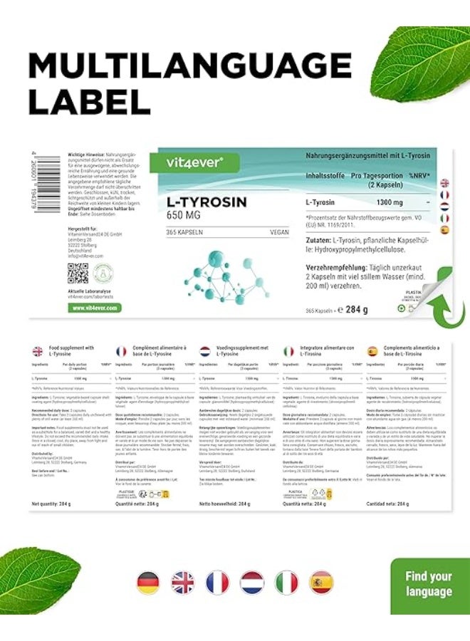 Vit4ever L-Tyrosine 1300 mg Per Daily Serving, Supports Mental Focus and Cognitive Performance, Promotes Stress Response and Neurotransmitter Balance, Pure Amino Acid from Vegetable Fermentation, High Dose, Vegan Formula, 365 Capsules (1 Year Supply) - Image 5