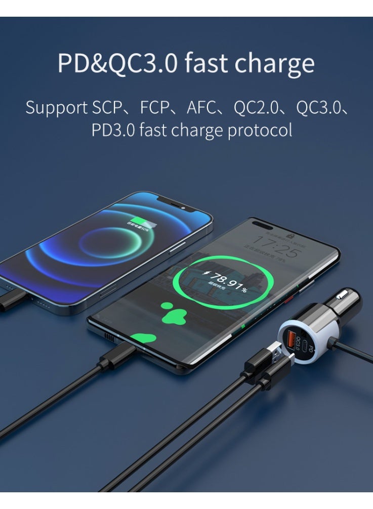 CIMIA 5-in-1Car Charger 96W 1.5M Extension Cable with Back Clip Design Multiple USB/Tyep-C Fast Charging PC V0 Anti-fire Material For Safe Charging Compatible With iPhone iPad Samsung Galaxy Airpods Earbuds Apple Watch - Image 3