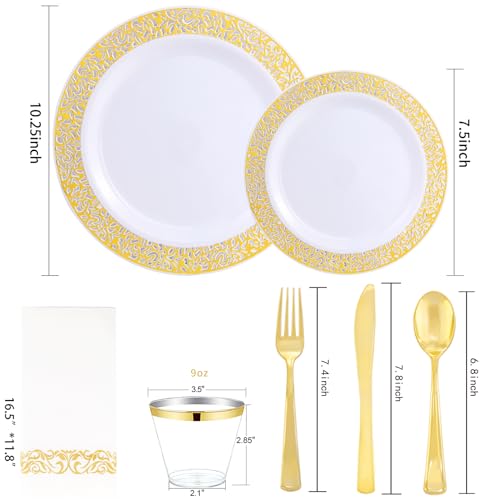 WELLIFE 350Pcs Gold Dinnerware Sets, Plates and Napkins Party Supplies Include:50 Dinner Plates, 50 Dessert Plates, 50 Paper Napkins, 50 Cups, 50 Gold Plastic Cutlery Set - Image 2