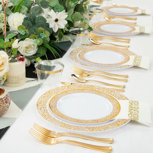 WELLIFE 350Pcs Gold Dinnerware Sets, Plates and Napkins Party Supplies Include:50 Dinner Plates, 50 Dessert Plates, 50 Paper Napkins, 50 Cups, 50 Gold Plastic Cutlery Set - Image 5