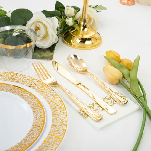 WELLIFE 350Pcs Gold Dinnerware Sets, Plates and Napkins Party Supplies Include:50 Dinner Plates, 50 Dessert Plates, 50 Paper Napkins, 50 Cups, 50 Gold Plastic Cutlery Set - Image 3