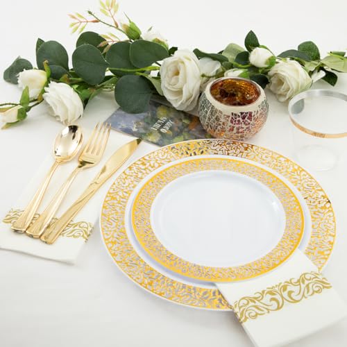 WELLIFE 350Pcs Gold Dinnerware Sets, Plates and Napkins Party Supplies Include:50 Dinner Plates, 50 Dessert Plates, 50 Paper Napkins, 50 Cups, 50 Gold Plastic Cutlery Set - Image 4