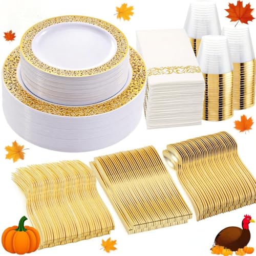 WELLIFE 350Pcs Gold Dinnerware Sets, Plates and Napkins Party Supplies Include:50 Dinner Plates, 50 Dessert Plates, 50 Paper Napkins, 50 Cups, 50 Gold Plastic Cutlery Set - Image 1