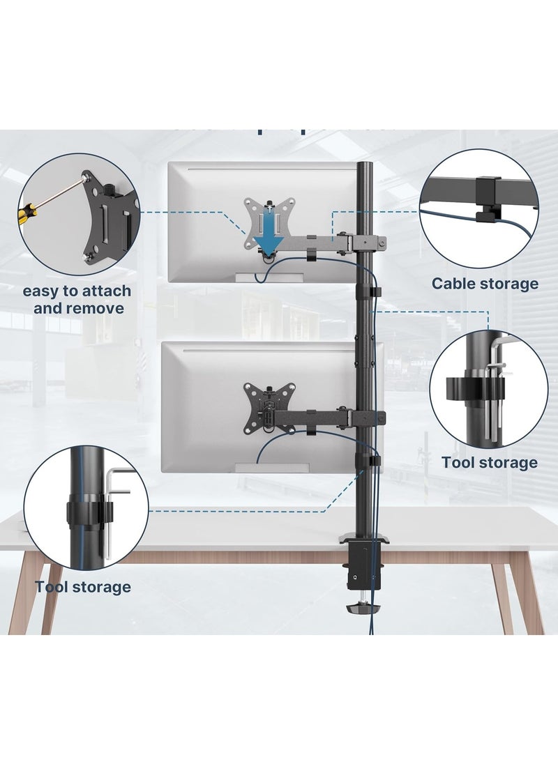 Generic - Vertical Dual Monitor Stand – Fits Two 13”–32” Screens, Adjustable Height, Tilt & Rotation, Desk Clamp Mount - Image 1