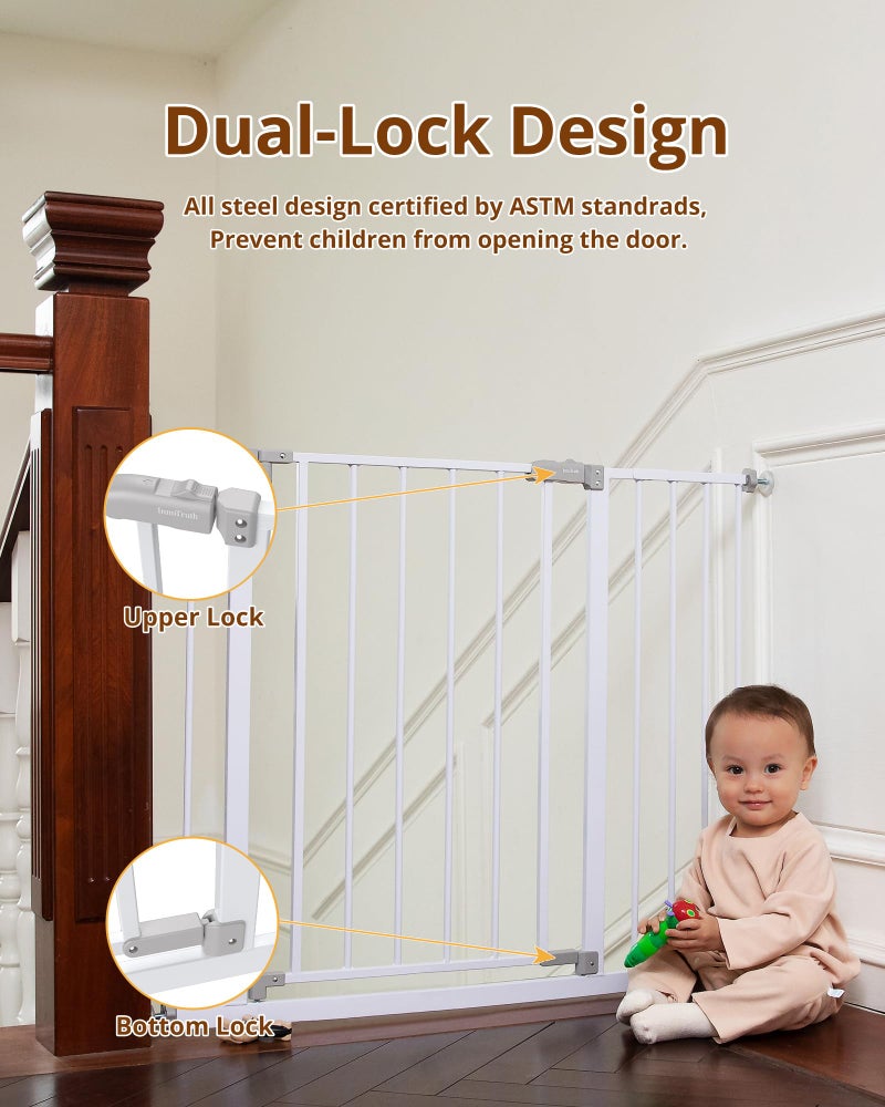 InnoTruth 28.9-42.1" Wide Baby Gate for Stairs & Doorways, 30" Tall Pressure Mounted Dog Gates for Stairs Expandable One-Hand Open, Easy Step Walk Through Dual Lock Metal Pet Gates for Dogs, White - Image 4