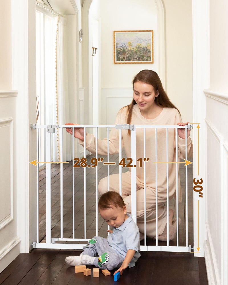 InnoTruth 28.9-42.1" Wide Baby Gate for Stairs & Doorways, 30" Tall Pressure Mounted Dog Gates for Stairs Expandable One-Hand Open, Easy Step Walk Through Dual Lock Metal Pet Gates for Dogs, White - Image 2