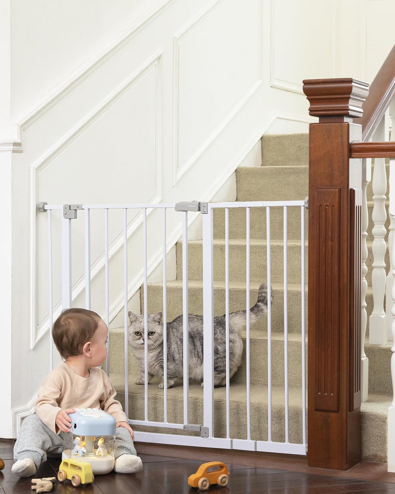 InnoTruth 28.9-42.1" Wide Baby Gate for Stairs & Doorways, 30" Tall Pressure Mounted Dog Gates for Stairs Expandable One-Hand Open, Easy Step Walk Through Dual Lock Metal Pet Gates for Dogs, White - Image 1