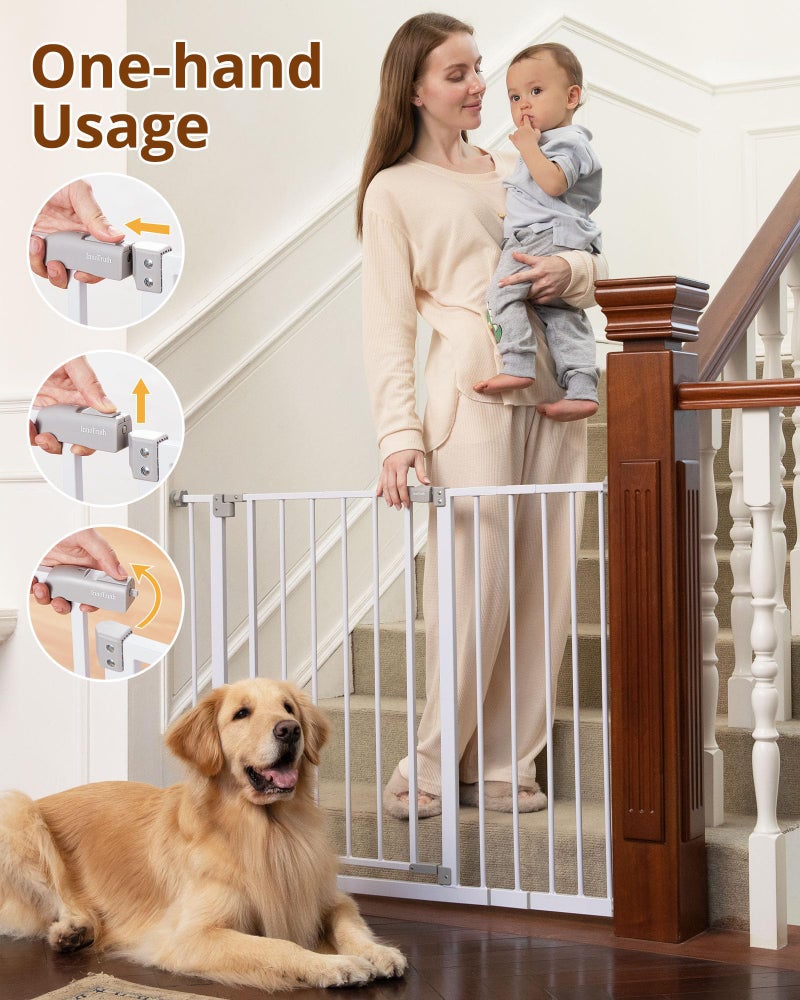 InnoTruth 28.9-42.1" Wide Baby Gate for Stairs & Doorways, 30" Tall Pressure Mounted Dog Gates for Stairs Expandable One-Hand Open, Easy Step Walk Through Dual Lock Metal Pet Gates for Dogs, White - Image 3