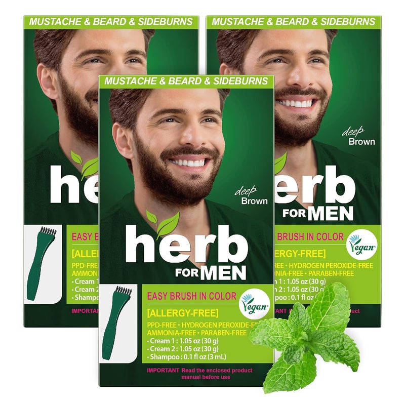 Herb Speedy Herb For Men Mustache  Beard Dye Deep Brown 3 Pack PPDFree AmmoniaFree Vegan with Natural Ingredients Odorless Gentle for Sensitive Skin No Skin Irritation