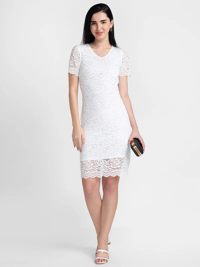 globus Women Opaque Stretchable Floral Lace Midi Bodycon Party Dress
