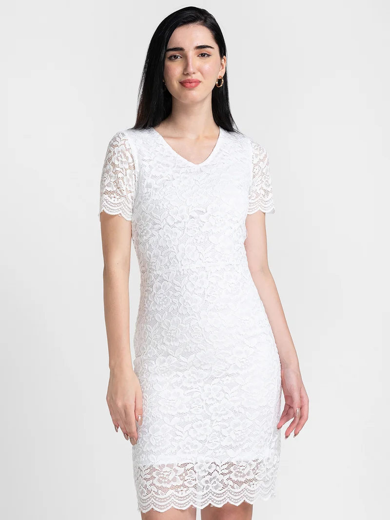 globus Women Opaque Stretchable Floral Lace Midi Bodycon Party Dress