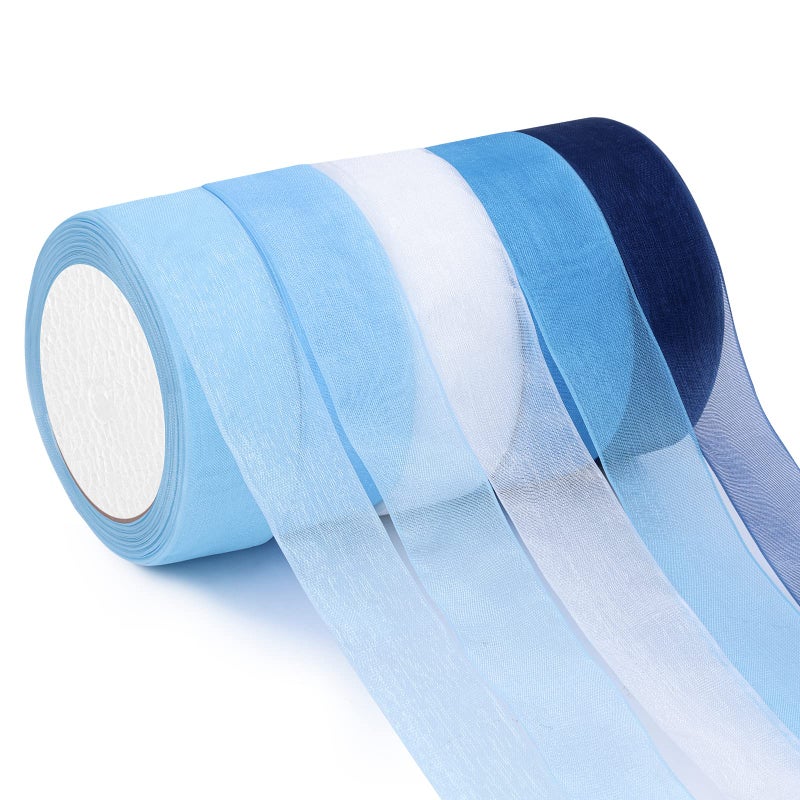 Showin Organza Ribbon  5 Rolls 1 x 25 Yd Each Sheer Chiffon  Transparent Sheer for Gift Wrapping Bouquet Wedding Party Decoration Blue Series