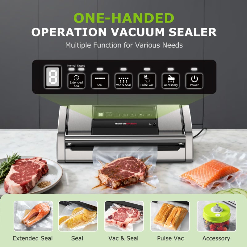 Bonsenkitchen Vacuum Sealer for Food, Easy-Lock Handle Vacuum Sealer Machine with Bag Clip, Built-in Cutter and Bag Storage for Sous Vide and Meal Prep, 1 Roll Bag & 10 Pre-Cut Bags, Silver - Image 2