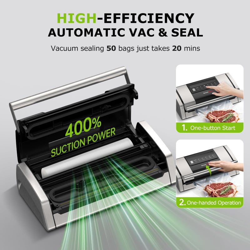 Bonsenkitchen Vacuum Sealer for Food, Easy-Lock Handle Vacuum Sealer Machine with Bag Clip, Built-in Cutter and Bag Storage for Sous Vide and Meal Prep, 1 Roll Bag & 10 Pre-Cut Bags, Silver - Image 3