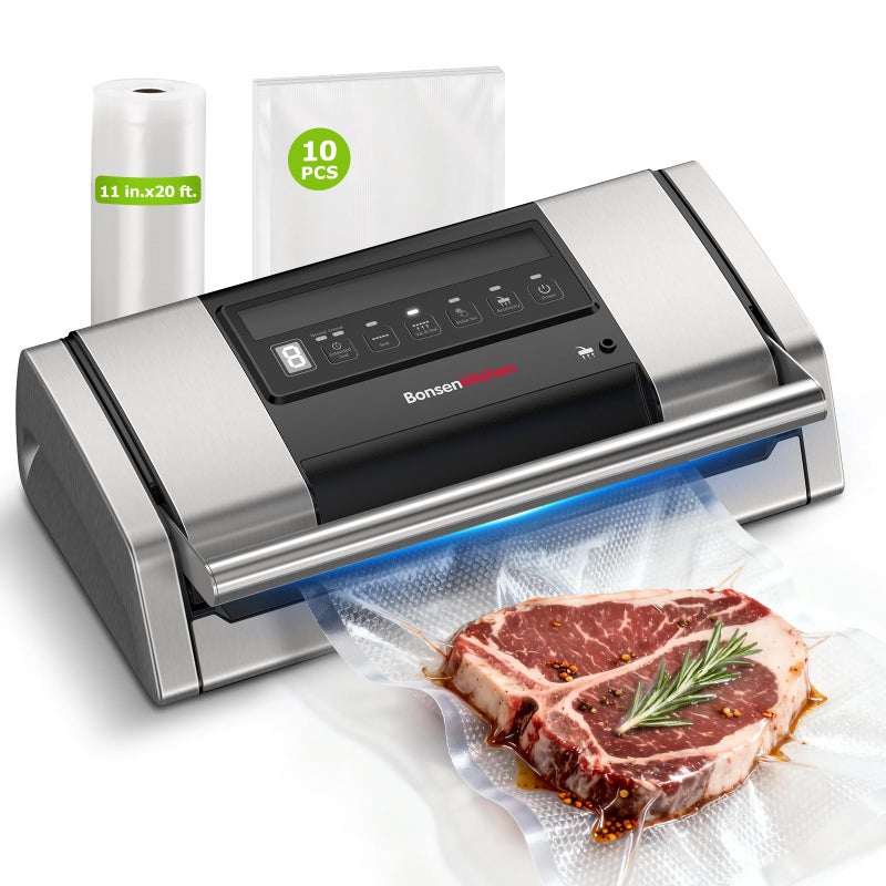 Bonsenkitchen Vacuum Sealer for Food, Easy-Lock Handle Vacuum Sealer Machine with Bag Clip, Built-in Cutter and Bag Storage for Sous Vide and Meal Prep, 1 Roll Bag & 10 Pre-Cut Bags, Silver - Image 1