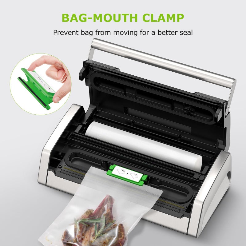 Bonsenkitchen Vacuum Sealer for Food, Easy-Lock Handle Vacuum Sealer Machine with Bag Clip, Built-in Cutter and Bag Storage for Sous Vide and Meal Prep, 1 Roll Bag & 10 Pre-Cut Bags, Silver - Image 5