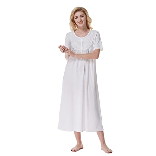 Keyocean Nightgowns for Women, Soft Cotton Comfortable Lightweight Ladies Short Sleeves Nightdress Sleepwear, Cream, X-Large (XL) - Image 1
