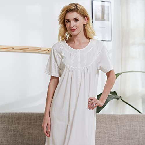 Keyocean Nightgowns for Women, Soft Cotton Comfortable Lightweight Ladies Short Sleeves Nightdress Sleepwear, Cream, X-Large (XL) - Image 5