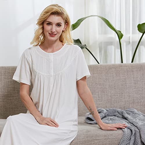 Keyocean Nightgowns for Women, Soft Cotton Comfortable Lightweight Ladies Short Sleeves Nightdress Sleepwear, Cream, X-Large (XL) - Image 4