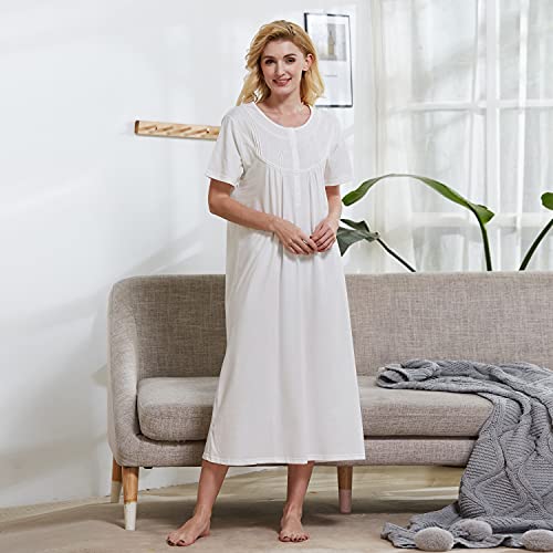 Keyocean Nightgowns for Women, Soft Cotton Comfortable Lightweight Ladies Short Sleeves Nightdress Sleepwear, Cream, X-Large (XL) - Image 3