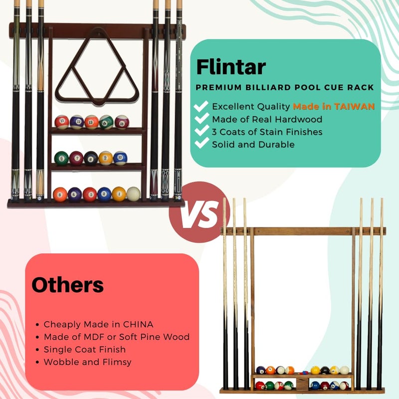 Flintar Wall Mount Cue Rack, Premium Quality Made in Taiwan, Billiards Pool Cue Stick holder, Real Solid Hardwood, Improved Direct Wall Mounting, Cue Rack Only, Mahogany Finish - Image 3