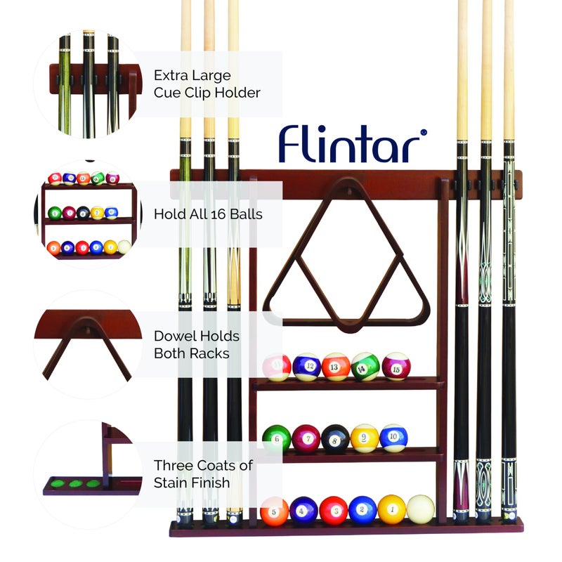 Flintar Wall Mount Cue Rack, Premium Quality Made in Taiwan, Billiards Pool Cue Stick holder, Real Solid Hardwood, Improved Direct Wall Mounting, Cue Rack Only, Mahogany Finish - Image 4