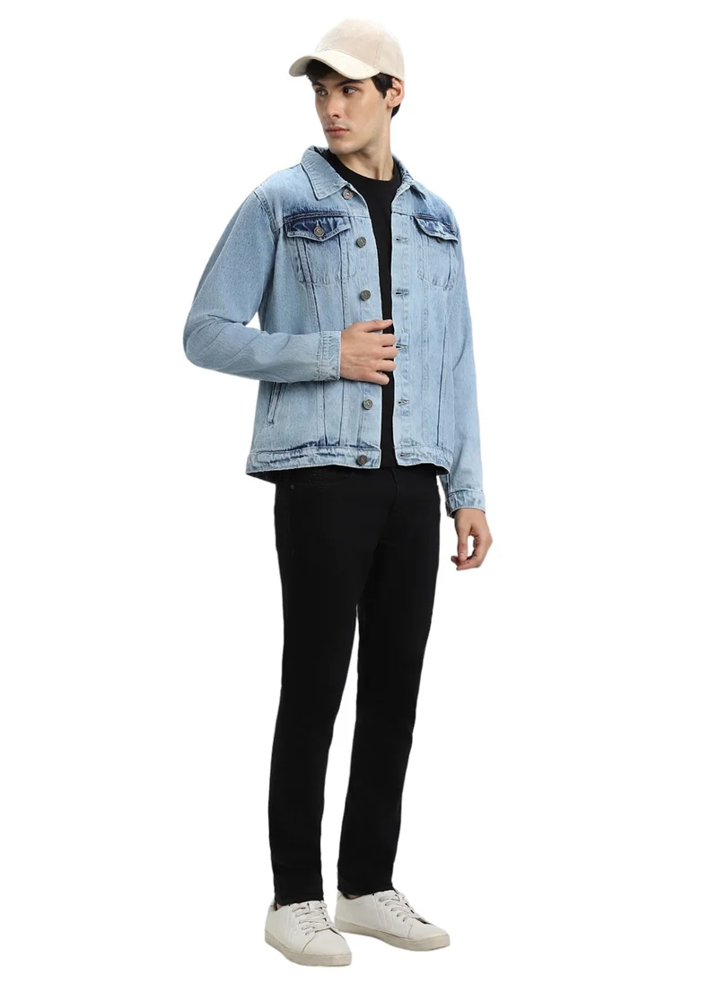 دينيس لينغو Regular Fit Indigo Men's Washed Denim Jacket, Full Sleeves, Spread Collar, Casual, Button Closure