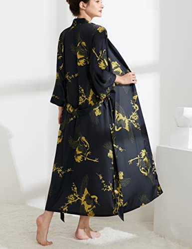 Aensso Long Soft Lightweight Silky Kimonos Robes for Women, Luxury Japanese Floral Womens Kimono Robe (Premium Black) - Image 5