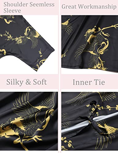 Aensso Long Soft Lightweight Silky Kimonos Robes for Women, Luxury Japanese Floral Womens Kimono Robe (Premium Black) - Image 3