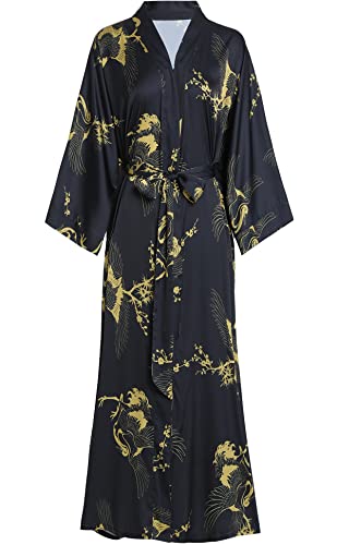 Aensso Long Soft Lightweight Silky Kimonos Robes for Women, Luxury Japanese Floral Womens Kimono Robe (Premium Black) - Image 1